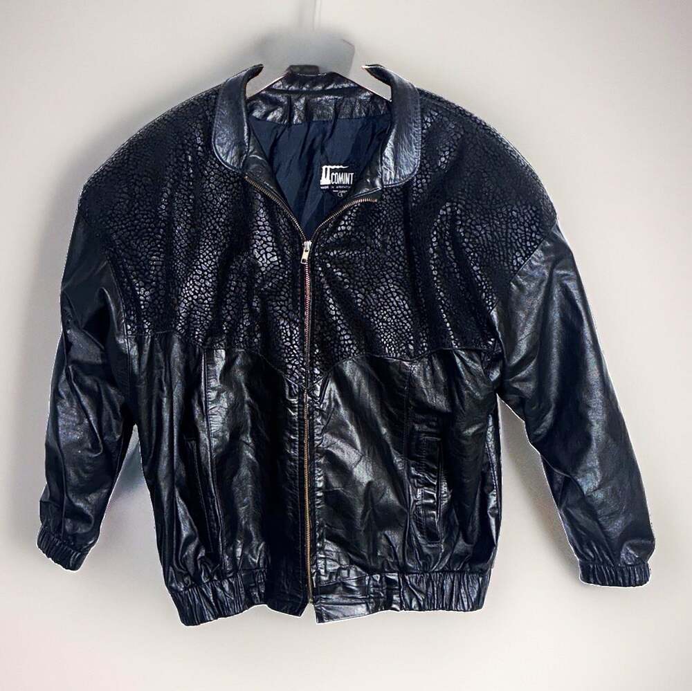 Vintage Comint Women's Black Leather Bomber Jacket Lined Zip-Up Size L